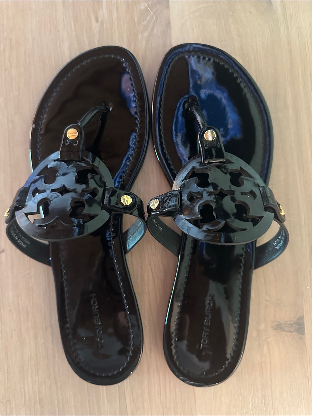 Tory Burch Black Patent Miller Thong Sandals with Gold Accents